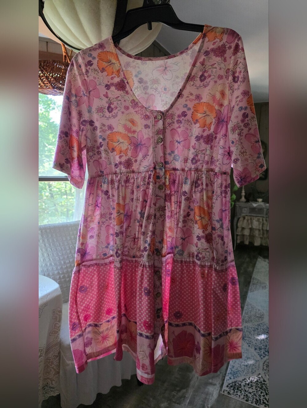 Floral Button-Front Pink & Orange Tiered Dress
